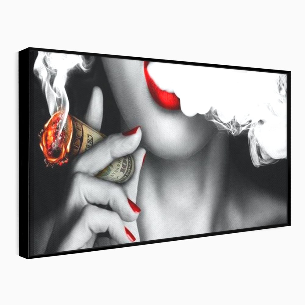 Tablou canvas cu tablou canvas cu buze rosii si tigara de bani, in rama de aluminiu negru
